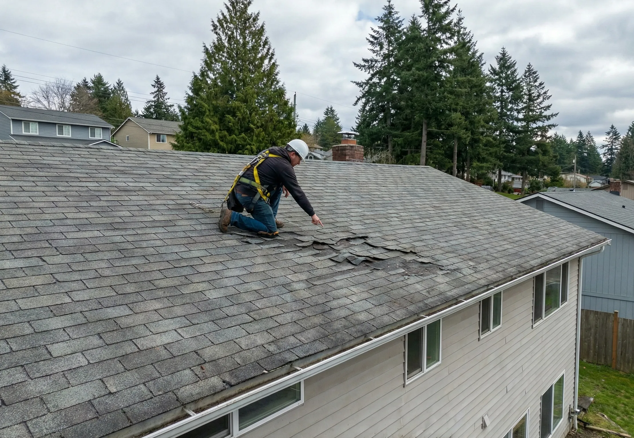Tacoma Emergency Roof Leak Repair First Steps for Winter Leaks Person repairing damaged roof shingles.