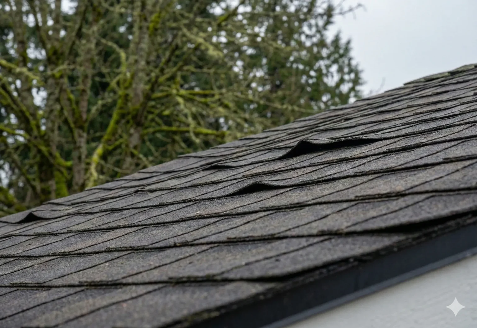 Why Shingles Cup & Shingle Roof Installation Solution in Everett Wavy shingles on a roof surface.