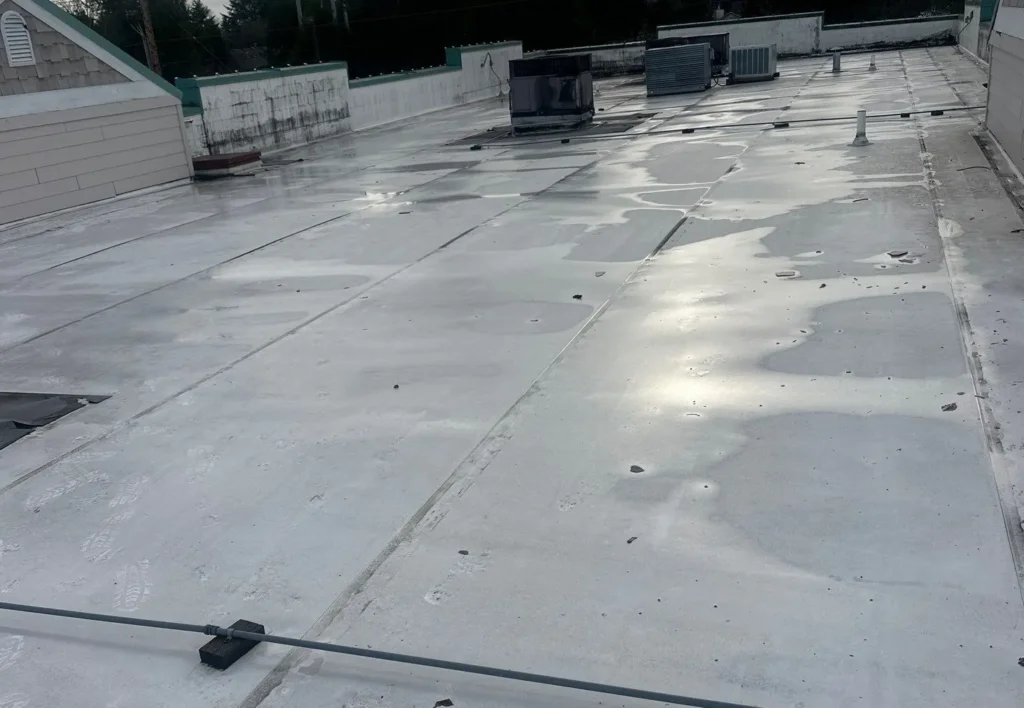 Wet flat roof with visible damage