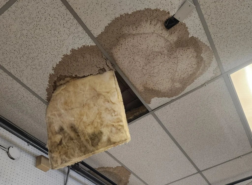 Water damage on ceiling tiles visible.