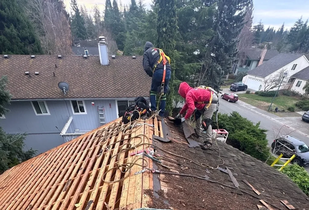 Workers repairing a residential roof.