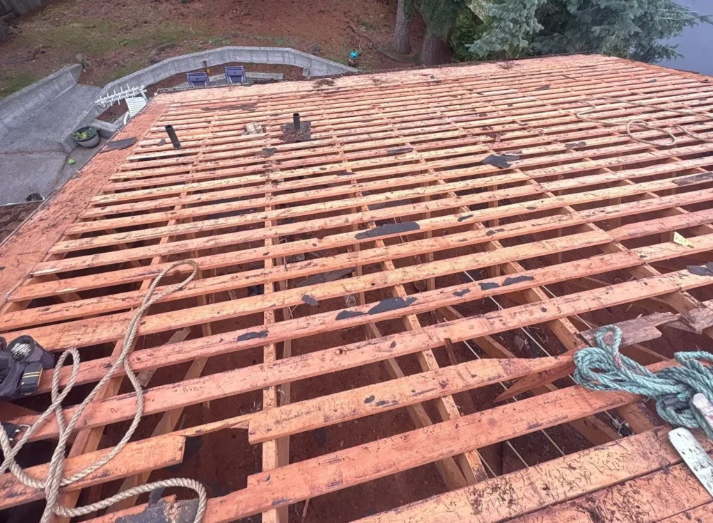 Exposed wooden beams on a roof
