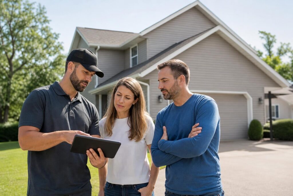 Contractor in a black cap showing a digital tablet to a couple in front of a suburban two-story house with gray siding.