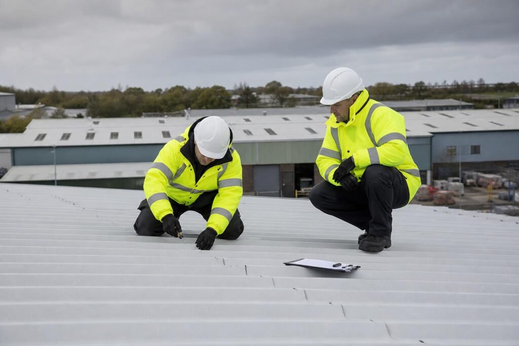 Two roofing specialists in high-visibility jackets and hard hats inspect a grey corrugated metal industrial roof on a cloudy day.